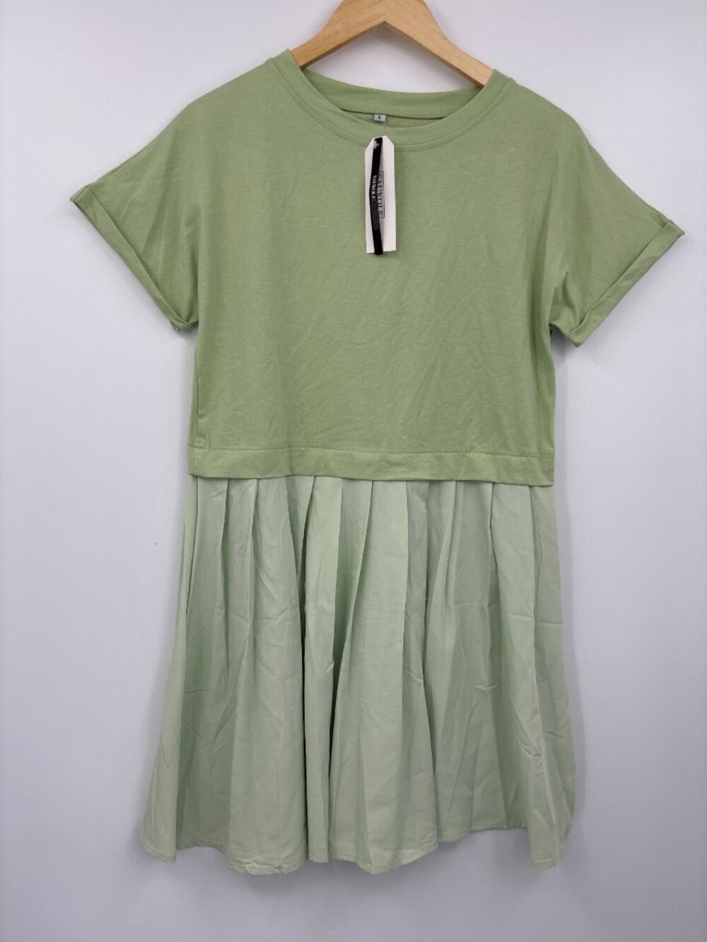 Saukole Collection Short Sleeve Oversize Tunic Dress Pleated Hem Green Small NEW